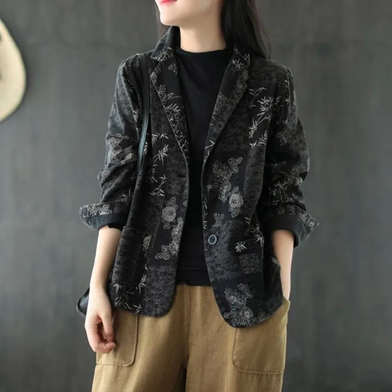 Women's Retro Chinese Style Denim Jacket Bamboo Flower Print Casual Loose Single Breasted Jean Blazer Women Vintage Outerwear
