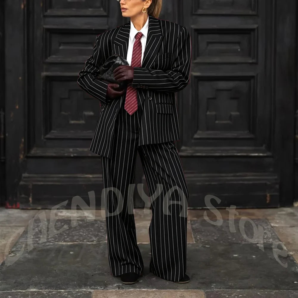 Burgundy Striped Casual Women Suit Two Pieces Jacket Pants Loose Fit Peak Lapel Blazer Set Evening Party Prom Lady Outfit