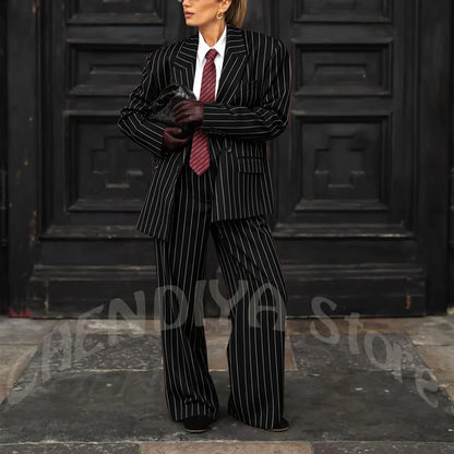 Burgundy Striped Casual Women Suit Two Pieces Jacket Pants Loose Fit Peak Lapel Blazer Set Evening Party Prom Lady Outfit