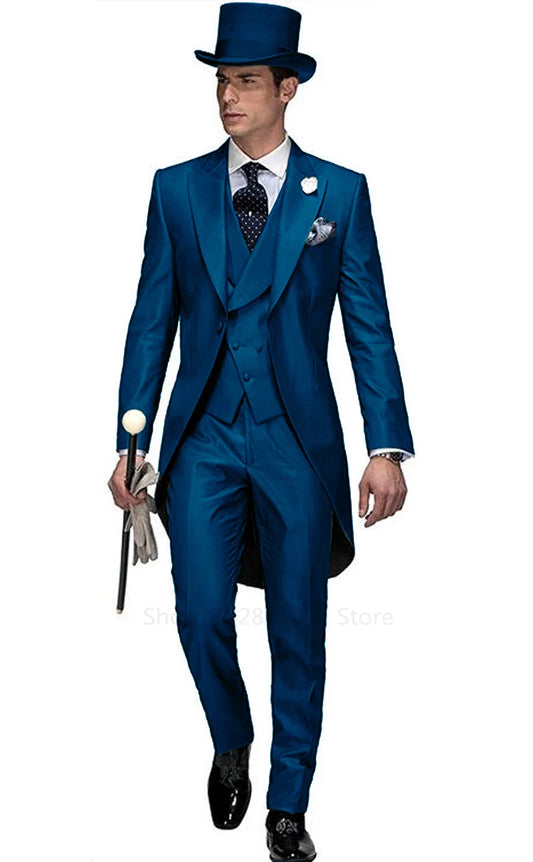 Royal blue Wedding 2026 Men Tail Coat 3 Piece Groom Tuxedo for Formal Prom Male Suits Fashion Set Jacket with Pant Vest