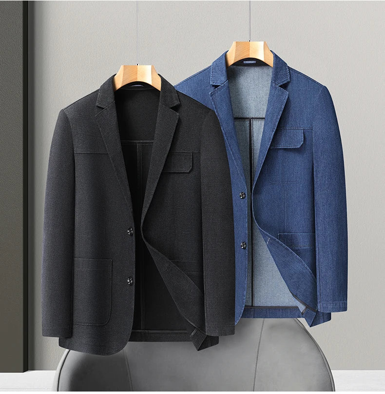 Men's Plus Size Denim Blazer – Smart Casual Single-Breasted Jacket for Big & Tall Men in Black & Blue