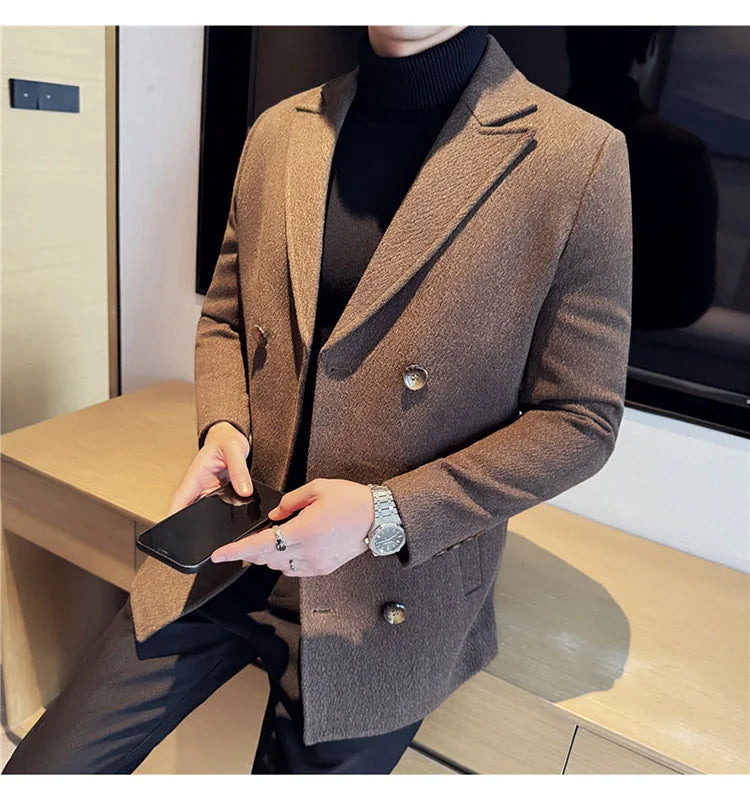 British Style Winter Double Breasted Woolen Suit Jackets Men Thick Warm Wedding Business Blazers Solid Color Casual Dress Coat
