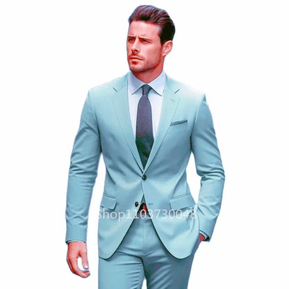Men's 2-Piece Slim Fit Suit Set – Formal Wedding & Business Blazer with Trousers in Sky Blue & Mint