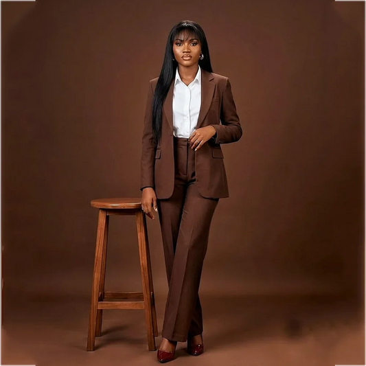 Women Brown Two Pieces Suit Set Notched Lapel Blazer Pants Elegant Formal Business Outfit For Office Interview Daily Wear
