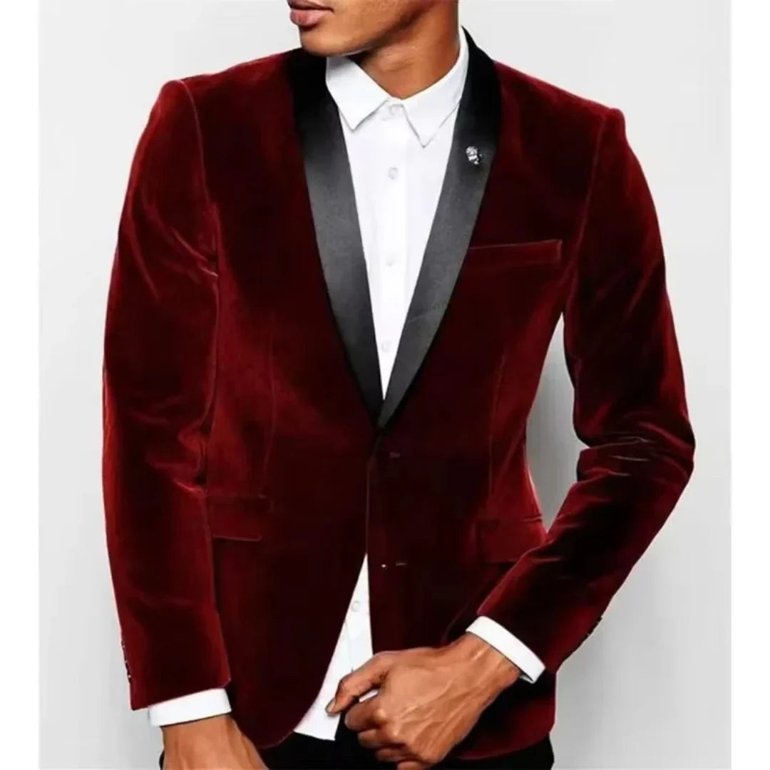 New Fashion Burgundy Velvet Jacket for Men Two Buttons Shaw Lapel Slim Fit Suit Blazer for Prom Party Wedding Business One Coat