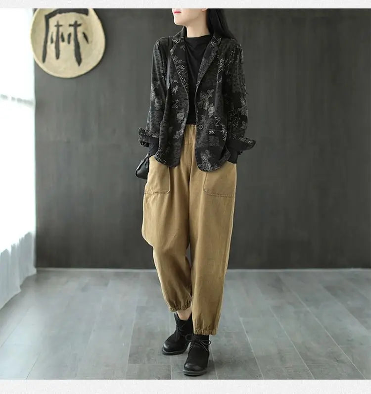 Women's Retro Chinese Style Denim Jacket Bamboo Flower Print Casual Loose Single Breasted Jean Blazer Women Vintage Outerwear
