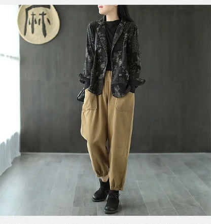 Women's Retro Chinese Style Denim Jacket Bamboo Flower Print Casual Loose Single Breasted Jean Blazer Women Vintage Outerwear