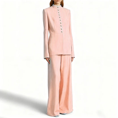 Elegant Women's Suits Pinstripe Two-piece(Jacket+Pants) Set with Stand Collar Gold Single Breasted Business Office Lady Outfit