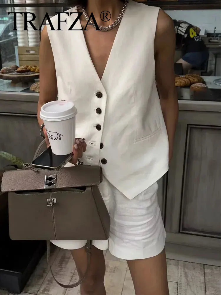Summer Women Elegant Solid Single Breasted V Neck Casual Vest Top Female Fashion Office Lady Chic Outerwear Vest