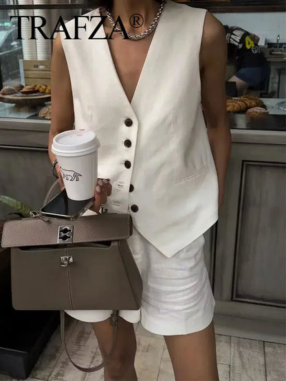 Summer Women Elegant Solid Single Breasted V Neck Casual Vest Top Female Fashion Office Lady Chic Outerwear Vest