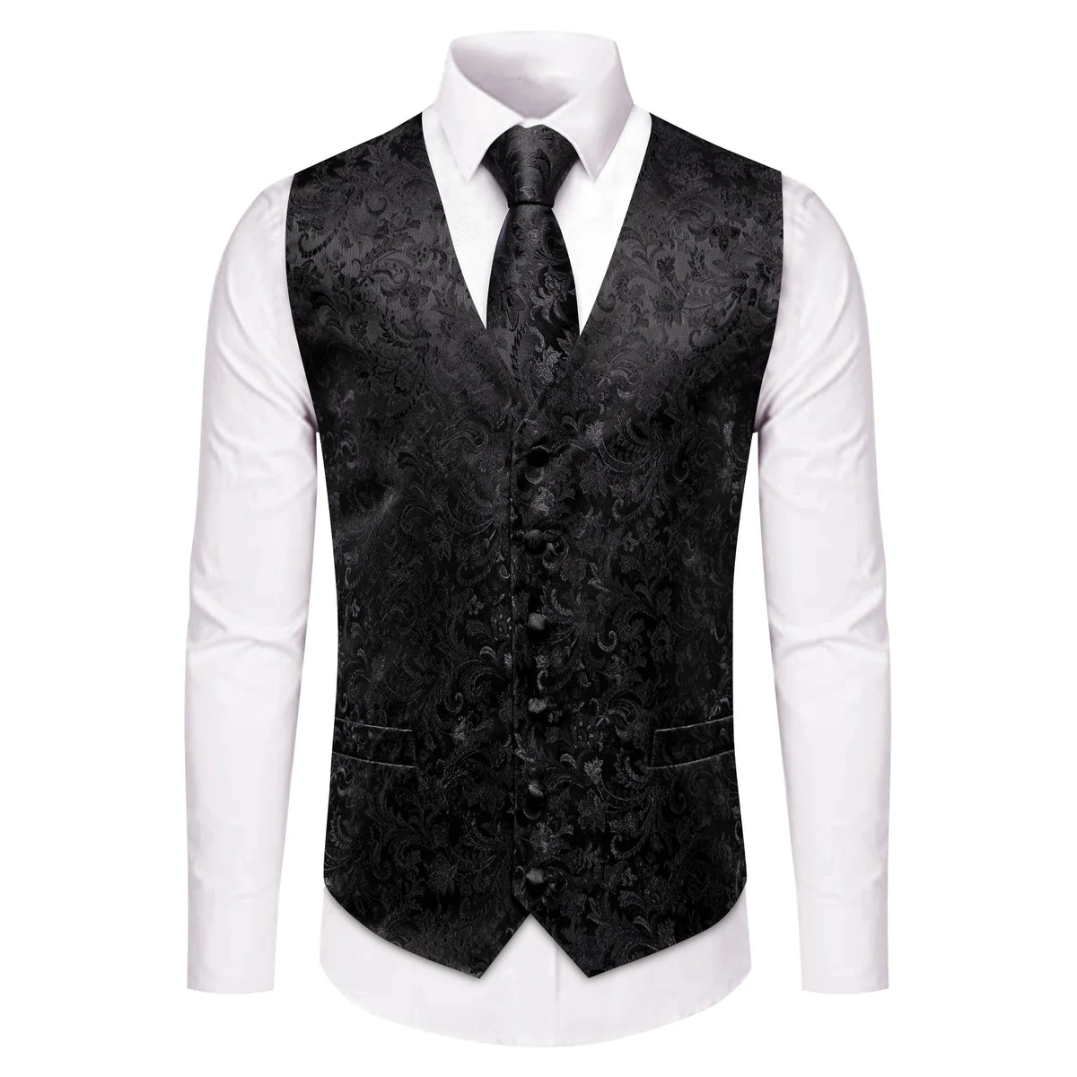 Men's Vest Suit Set Floral Paisley All Black Waistcoat with Tie Hanky Cufflinks for Wedding