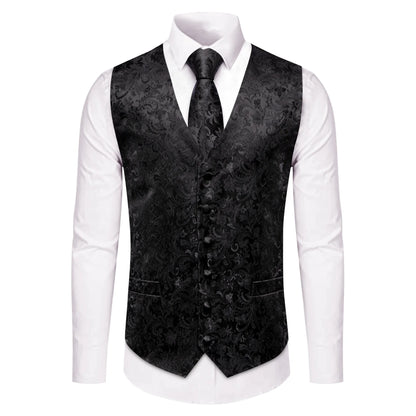 Men's Vest Suit Set Floral Paisley All Black Waistcoat with Tie Hanky Cufflinks for Wedding