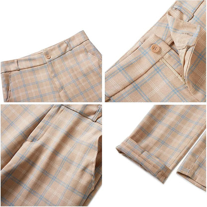 Plaid Women Suits Office Sets 2023 Vintage Long Sleeve Single Button Silm Blazers Chic High Waist Casual Pants Suits