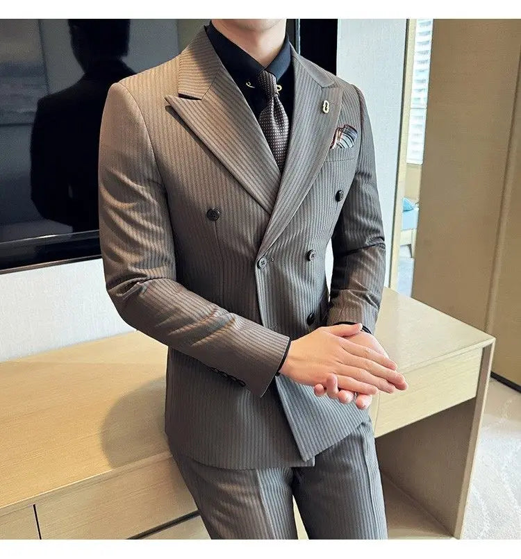 Korean Slim Fitt Wedding Suit Fashion Striped Double Breasted Suit 3 Piece Set Business Formal Casual Party Prom Host Suits