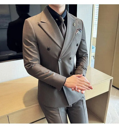 Korean Slim Fitt Wedding Suit Fashion Striped Double Breasted Suit 3 Piece Set Business Formal Casual Party Prom Host Suits