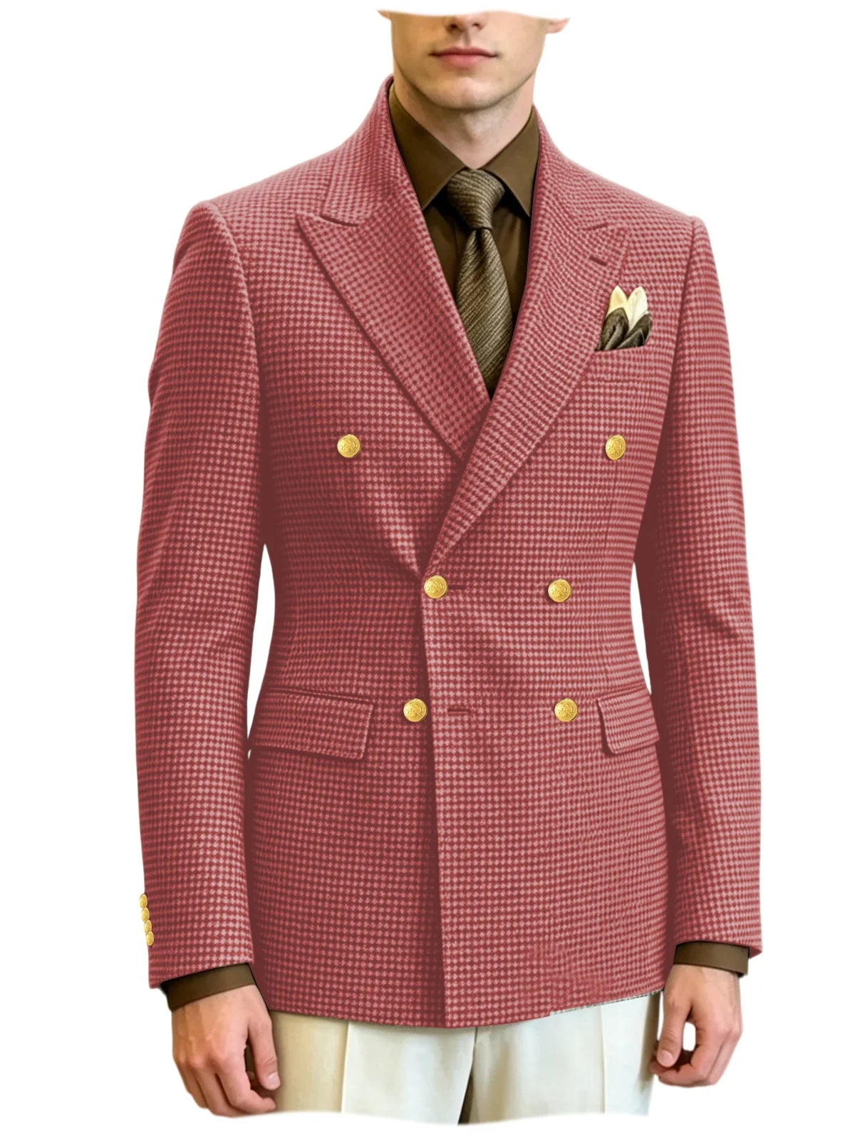 Men's Houndstooth Double Breasted Blazer Vintage Slim Jacket  Fit Formal Business Wedding Party Coat For Men Autumn Winter