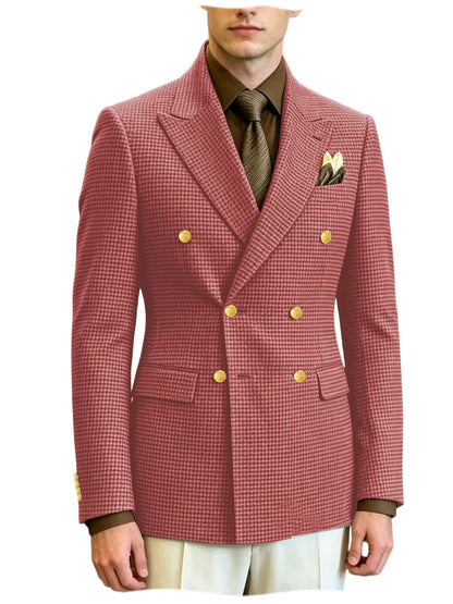 Men's Houndstooth Double Breasted Blazer Vintage Slim Jacket  Fit Formal Business Wedding Party Coat For Men Autumn Winter
