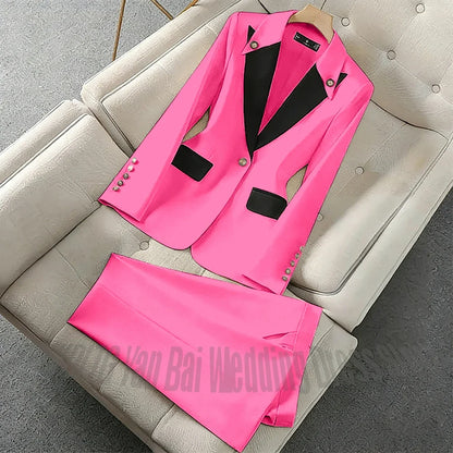 New Unique Women Pant Suit Contrast Color Modern Outfit One-Button Peaked Lapel Casual Fashion Daily Female Clothes Set 2 Piece