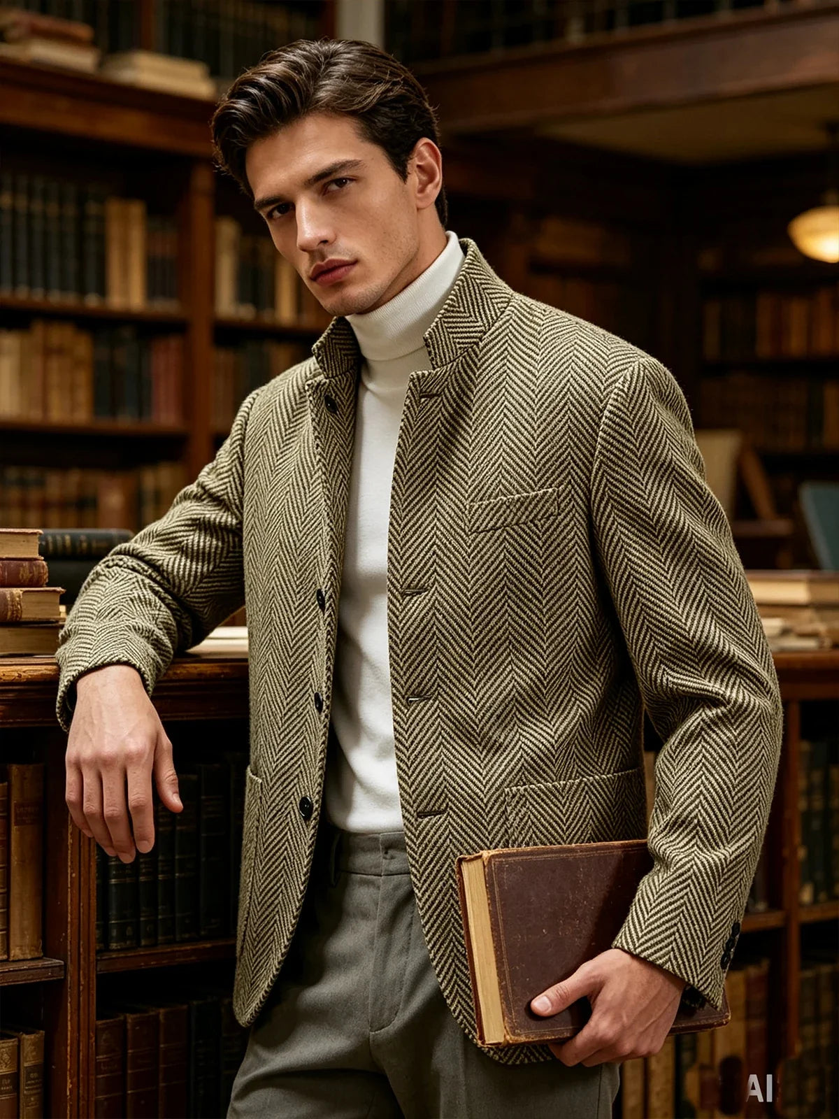 Men's Herringbone Tweed Stand Collar Blazer  Notch Lapel Slim Fit Wool Blend Sport Coat Business Casual Wedding Prom Man Jackets