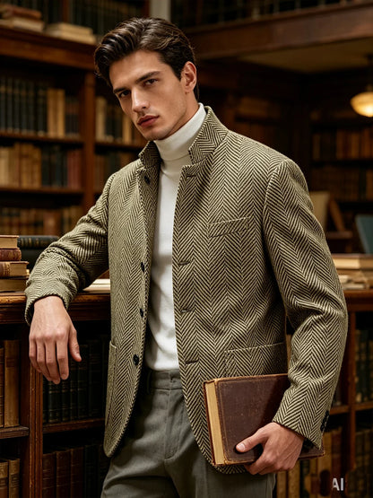 Men's Herringbone Tweed Stand Collar Blazer  Notch Lapel Slim Fit Wool Blend Sport Coat Business Casual Wedding Prom Man Jackets