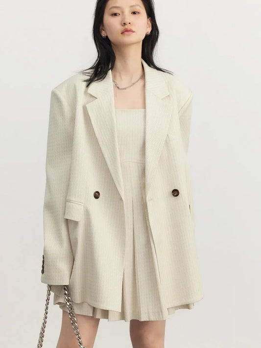 Women Blazers Loose Texture Twill Suit Coat Office Ladies Double-breasted Overcoat Female Jacket Spring Autumn 2025