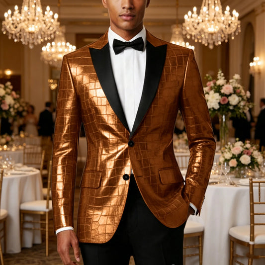 Luxury Men's Crocodile Tuxedo Blazer Faux Leather Slim Fit Black Satin Lapel Suit Jacket Casual Business Sport Coat for Wedding