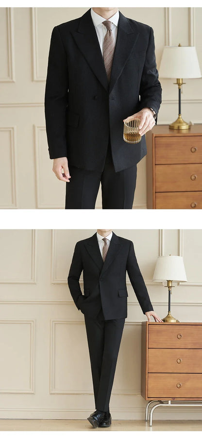 Herringbone Pattern Fabric Suit Jacket Men Autumn Winter Casual Business Dress Coat Wedding Groom Banquet Party Blazer Masculino