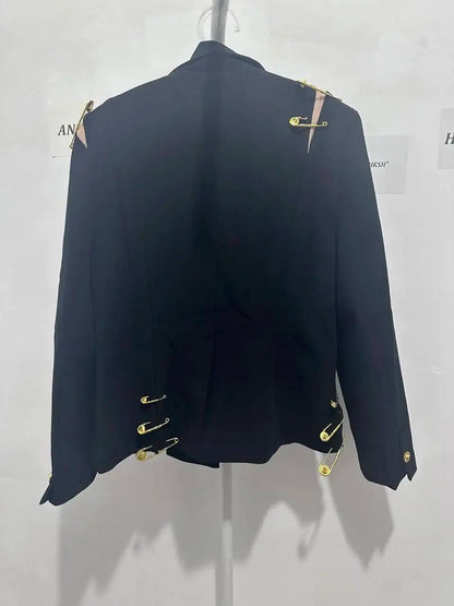 Autumn New Women Chic Blazer Asymmetrical Pin Design Single Button Slim Fit Elegant Fashion Office Lady Stylish Coat HK9876