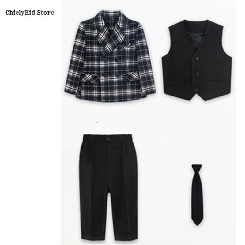 Boys British Double Breasted Blazer Jacket Pants Children Suit Waistcoat Wedding Clothes Sets Toddler Formal Dress Kids Tuxedos