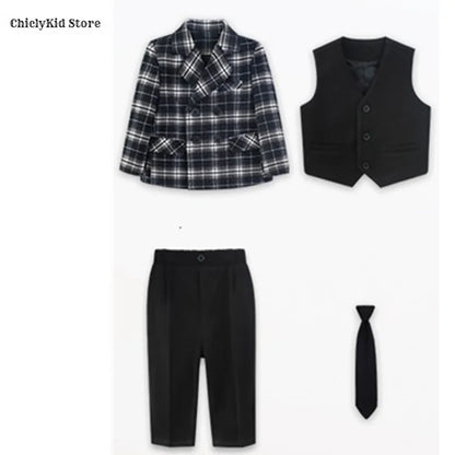 Boys British Double Breasted Blazer Jacket Pants Children Suit Waistcoat Wedding Clothes Sets Toddler Formal Dress Kids Tuxedos