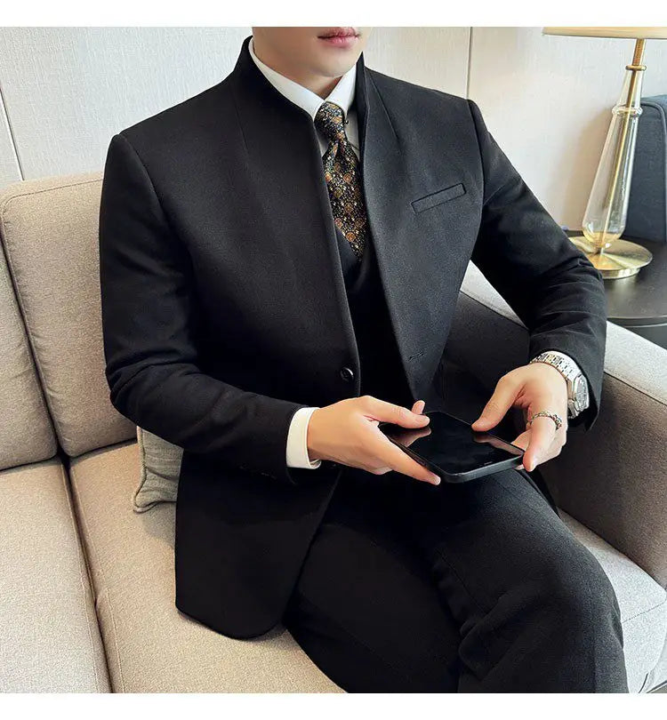 Men's 3-Piece Slim Fit Stand Collar Suit – Wedding, Prom & Office Formal Set