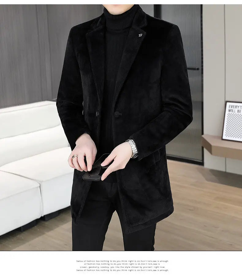 High-quality winter new style mid-length solid color men's fashionable and cool golden mink woolen trench coat with cotton
