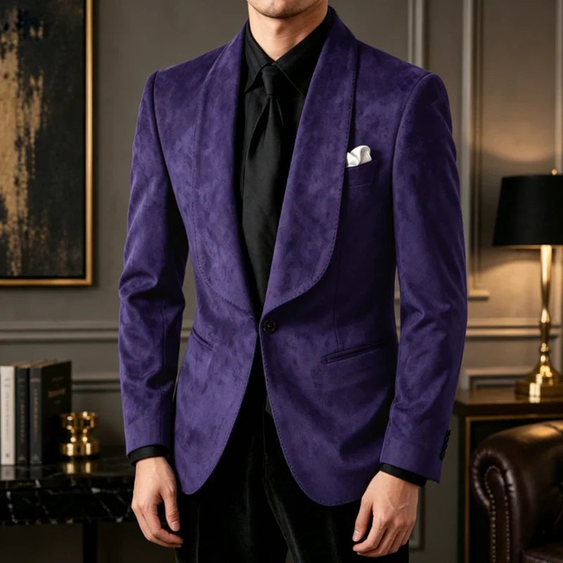 Luxury Men's Faux Suede Blazer Shawl Lapel 1 Button Slim Fit Tuxedo Jacket Business Casual For Wedding Party Prom Suit Coat