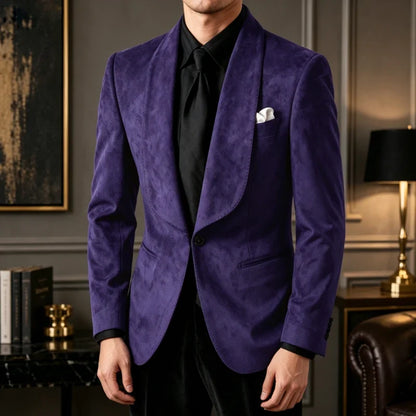 Luxury Men's Faux Suede Blazer Shawl Lapel 1 Button Slim Fit Tuxedo Jacket Business Casual For Wedding Party Prom Suit Coat