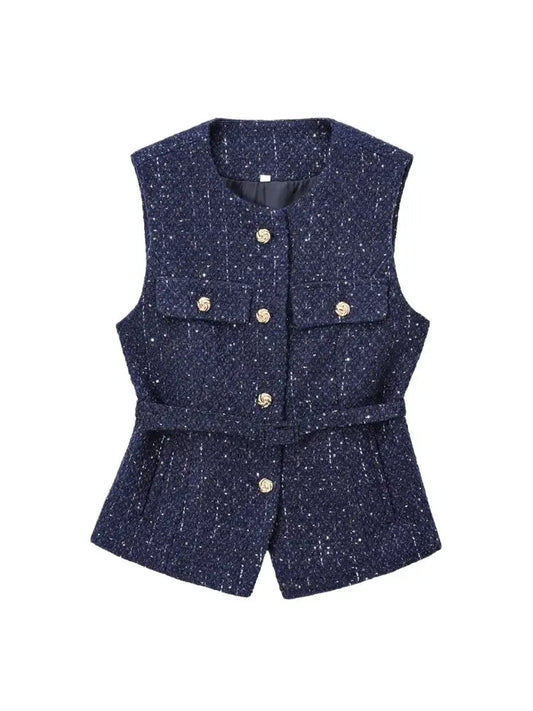 Women's Tweed Waistcoat with Belt, O Neck, Sleeveless, Front Button, Female Outerwear, Chic Tops, Fashion