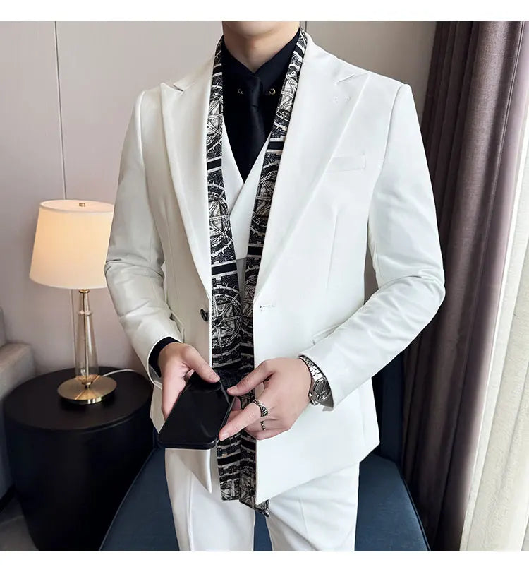 Double Collar Suit Set 3 Pieces Business Formal Casual Suits Vest Trousers Office Work Party Prom Wedding Groomsmen Clothing
