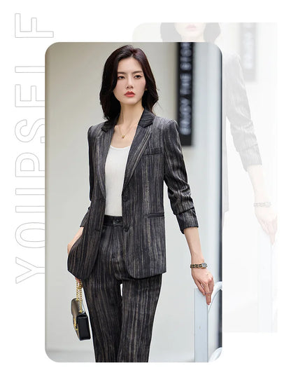 Fashion Women Striped Pants Suit New Spring Business Formal Slim Long Sleeve Thin Blazer and Trousers Office Ladies Work Wear