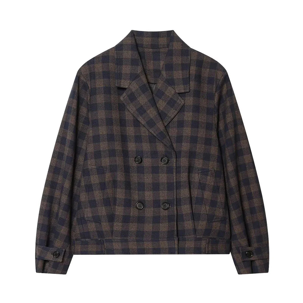 Women Brown Plaid Jacket Coat Vintage Harajuku Streetwear Long Sleeve Blazer Jacket Outerwear 2000s Clothes Spring Autumn 2026