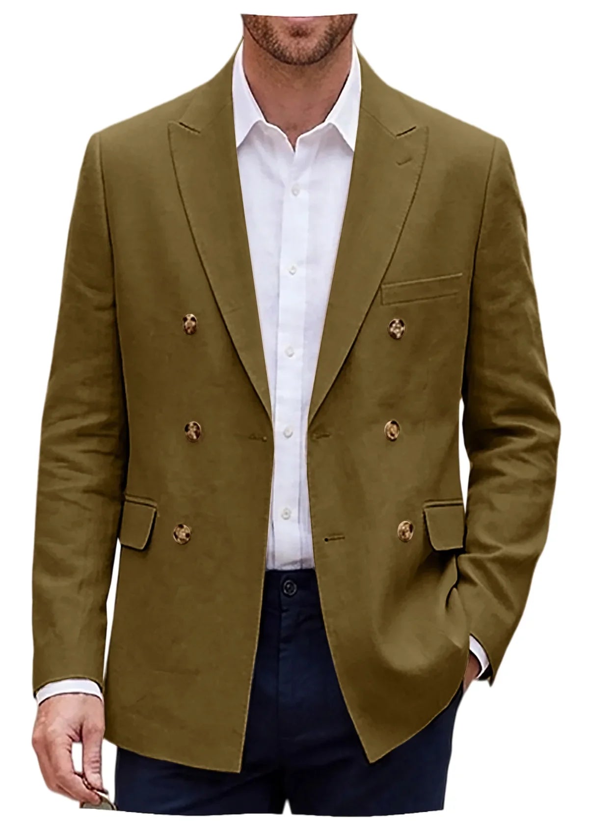 Men's Linen Blazer Notch Lapel Double Breasted Loose Fit Jacket Breathable Lightweight Business Outerwear Coat for Spring Summer