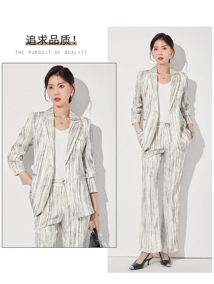 Fashion Women Striped Pants Suit New Spring Business Formal Slim Long Sleeve Thin Blazer and Trousers Office Ladies Work Wear