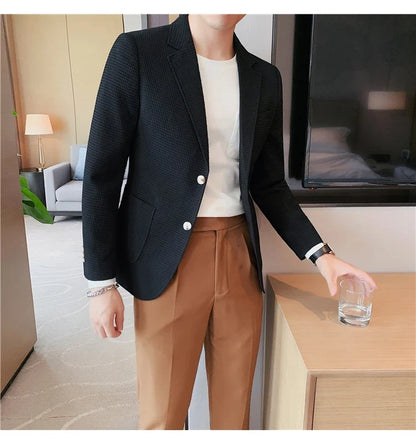 2025 Spring New Waffle Suit Coats Men Slim Fit Business Casual Blazer Jacket Homme Formal Groom Prom Wedding Tuxedo 4XL-M