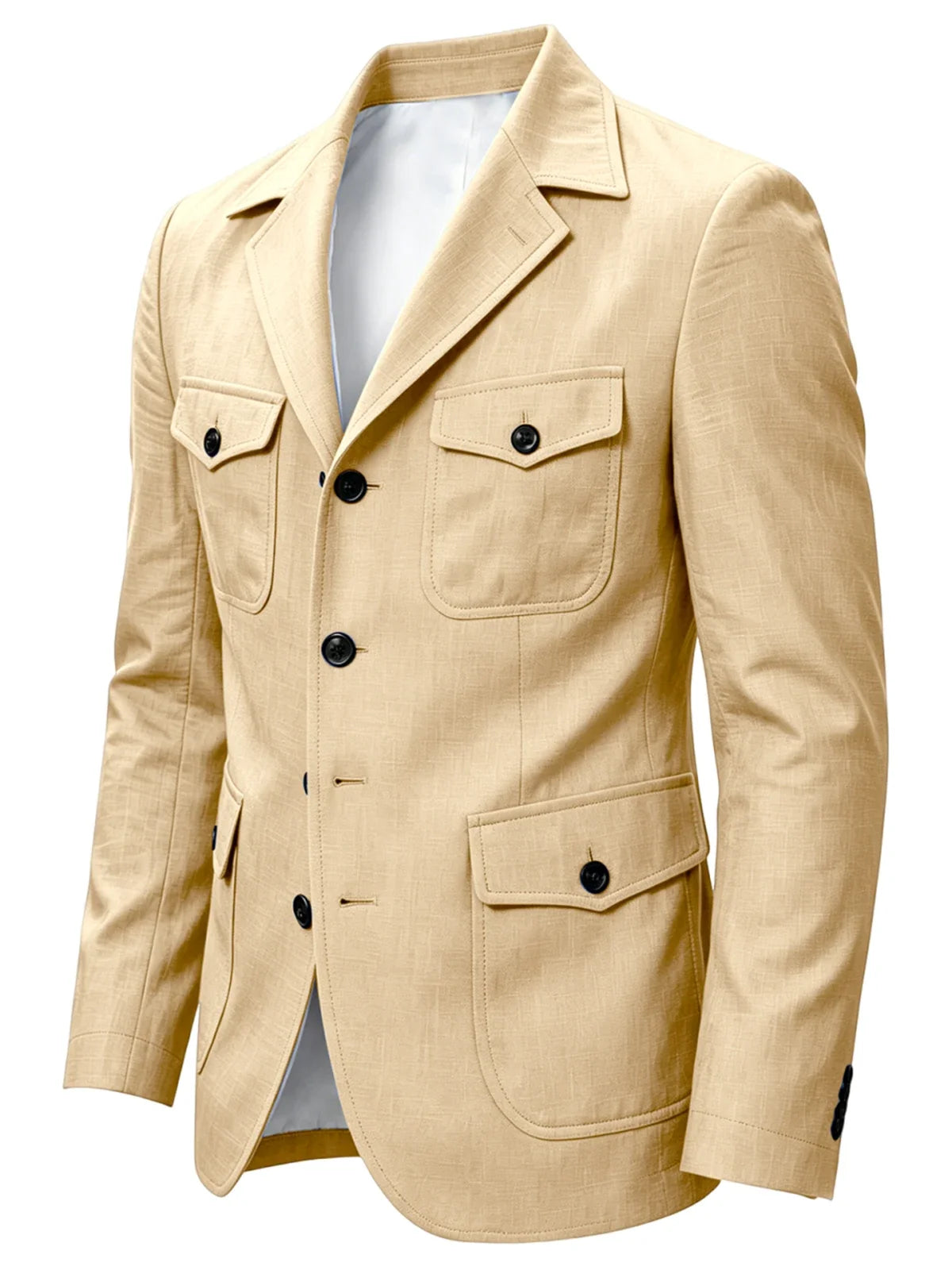 Men's Linen Safari Blazer Four Flap Pockets Slim Soft Jacket Casual Business Coat For Street Outdoor Vacation Party Daily Travel