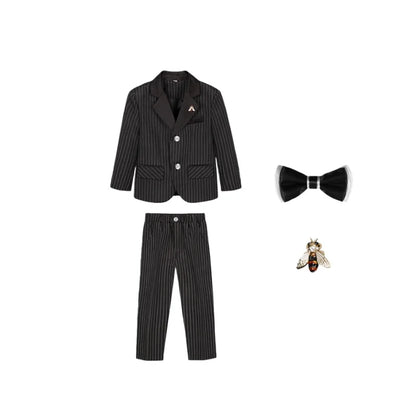 1-11Years Boys Spring Autumn Striped Suit Set Kids Formal Wedding Birthday Party Wear With Jacket Pants Bowtie Brooch