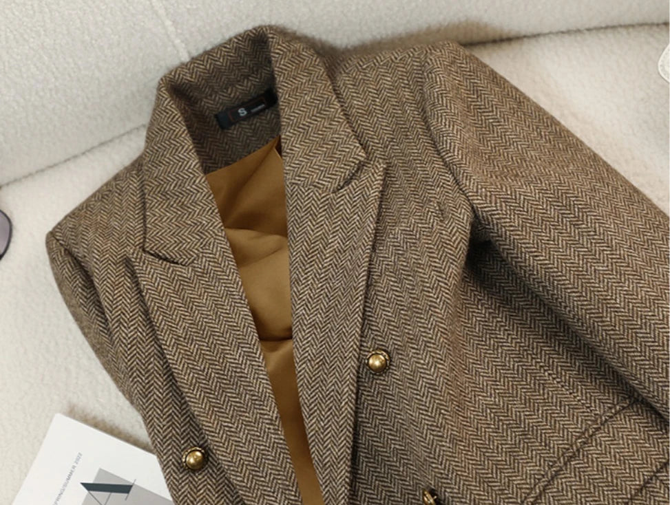 Fashion Grey Blazer Women Coffee Long Sleeve Casual Jacket for Autumn Winter Female Coats Double-Breasted Suit Women’s Clothing