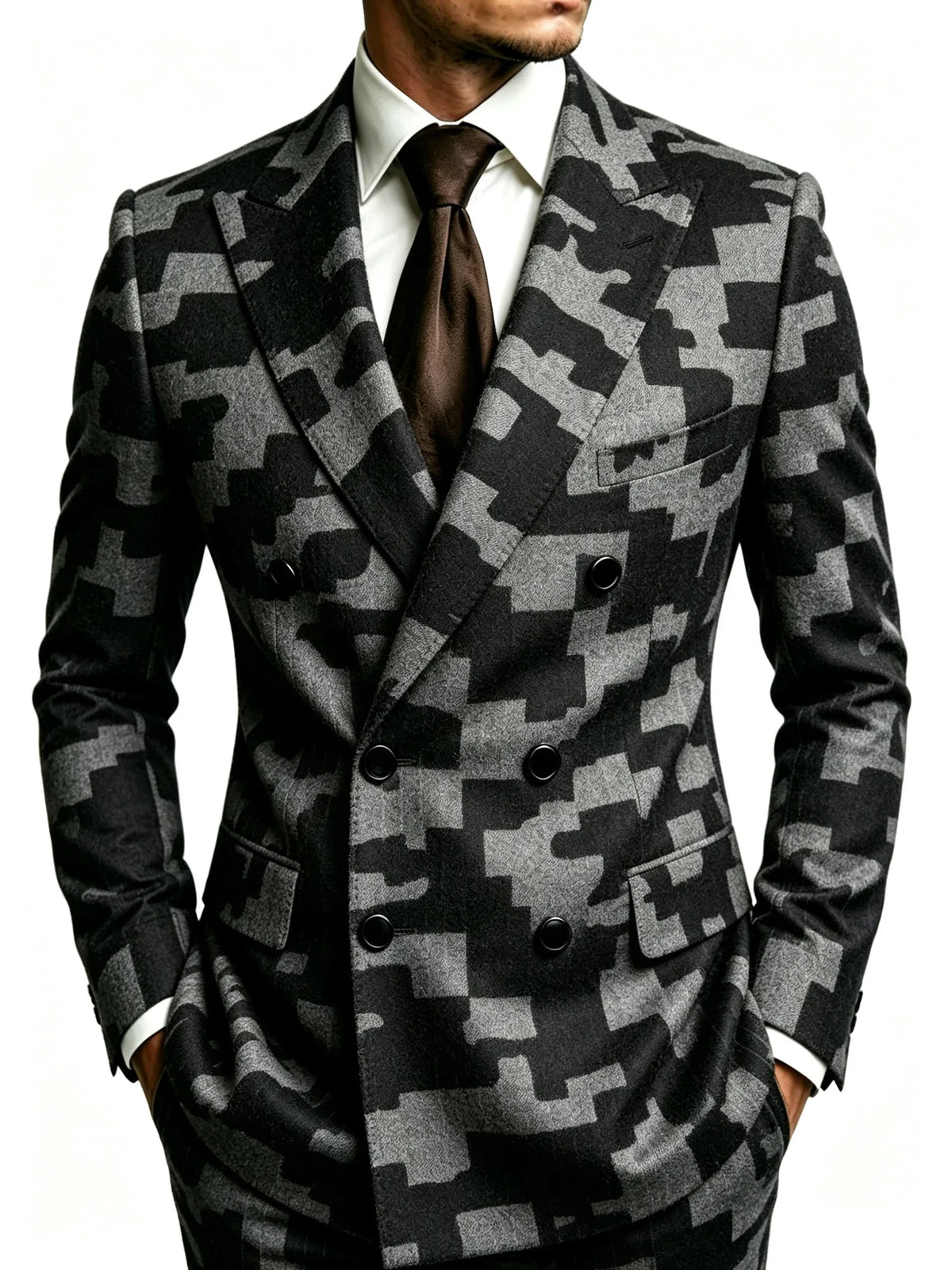 Men's Business Blazer Double Breasted Geometric Camo Print Jacket Peak Lapel Slim Fit Formal Party Prom Office Outerwear Coat