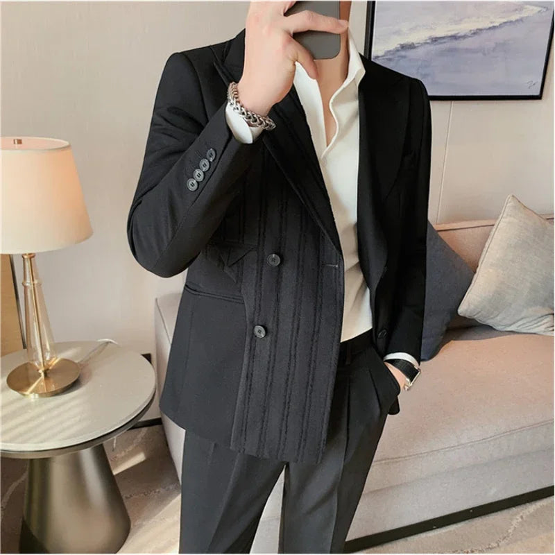 Autumn Stripe Stitching Blazers Men Double-breasted Casual Suit Jacket High-quality Male Business Social Wedding Dress Coat 2025