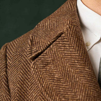 Men's Herringbone Tweed Overcoat Double-Breasted Wide Lapel Wool Blend Formal & Wedding Coat