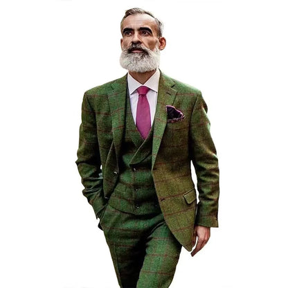 Costume 3 pièces élégant pour homme - Mélange de laine à carreaux vert - Tuxedos de mariage vintage style occidental - Ensemble de costumes d'affaires formels (Veste+Gilet+Pantalon)