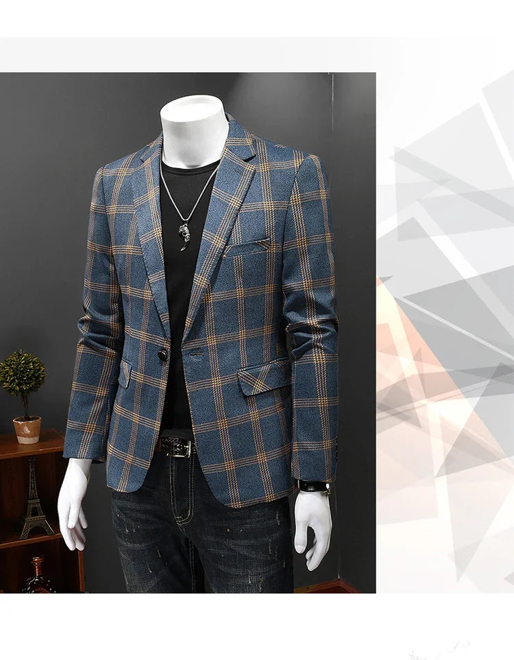 Top Quality Luxury Plaid Business Slim Fit Men Blazer Jacket 2024 Spring Autumn Casual Blazers For Men Elegant Dress Suit Jacket