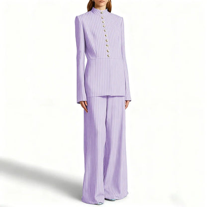 Elegant Women's Suits Pinstripe Two-piece(Jacket+Pants) Set with Stand Collar Gold Single Breasted Business Office Lady Outfit